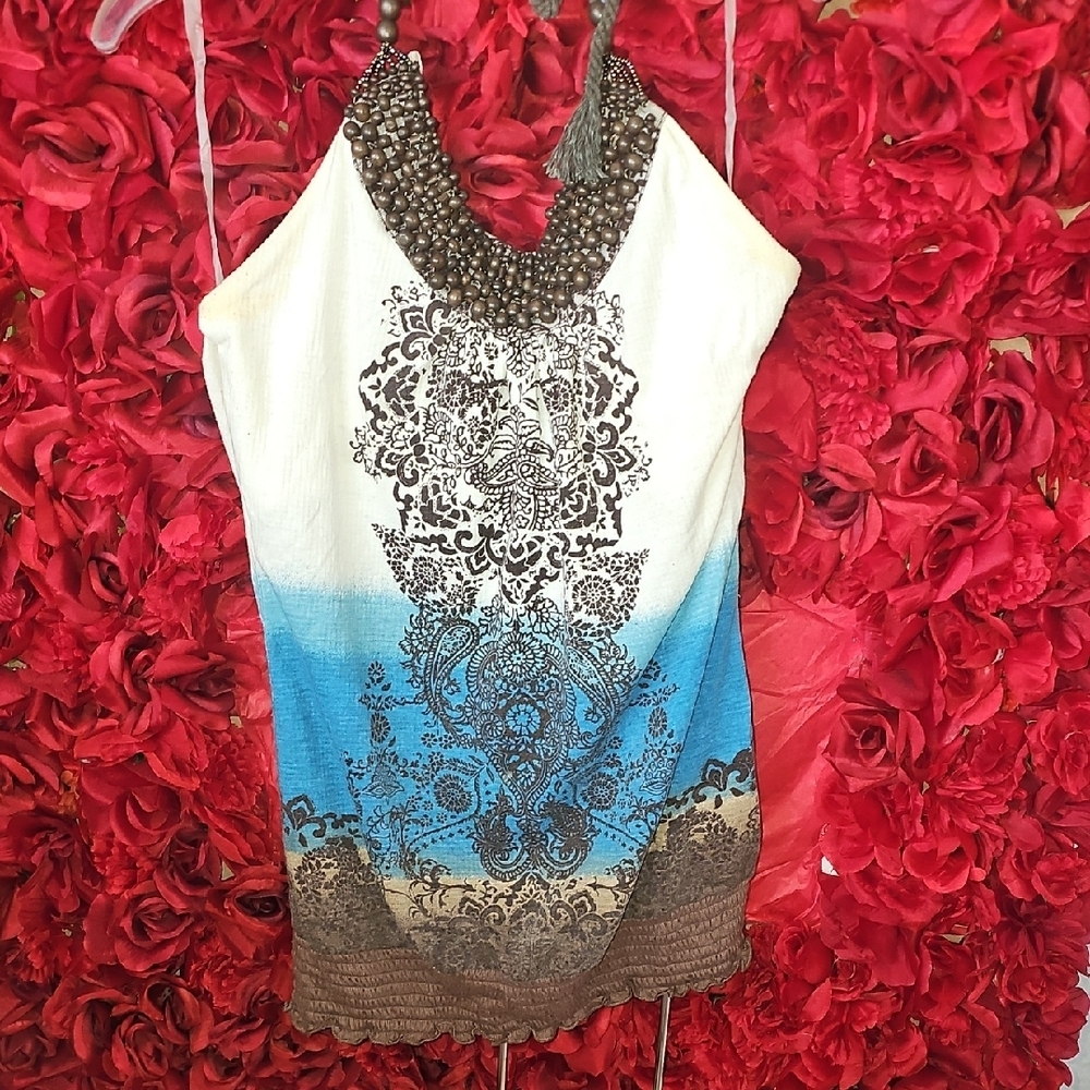 Almost Famous Blue and Brown Beaded Tank Top Size Xlarge Slight Stains